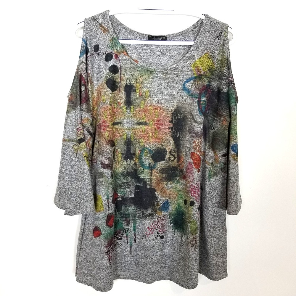 Inoah Women Graffiti Print Top Tunic Sz L Gray Cold Shoulders Bell Sleeve‎ Artsy